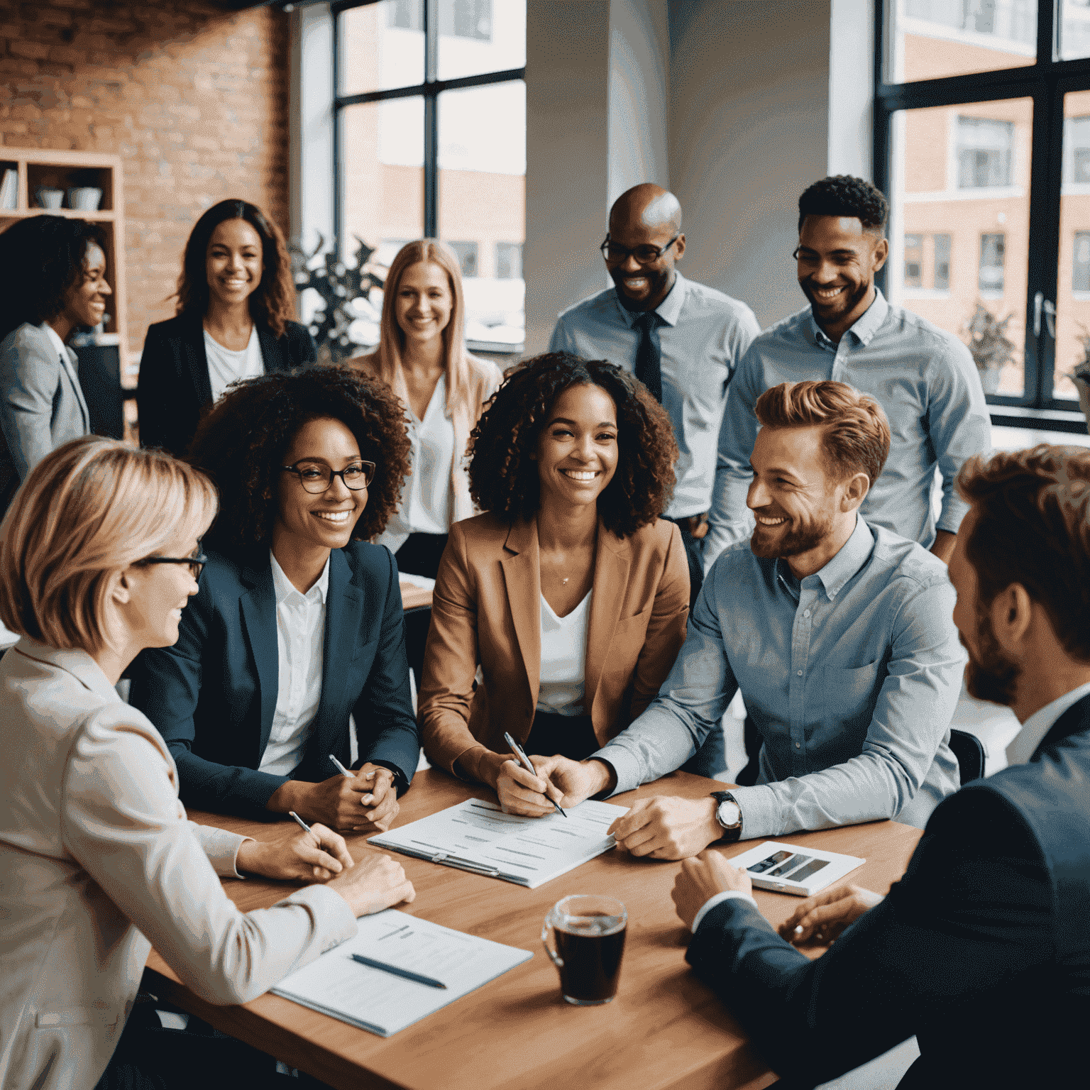 A diverse group of employees gathered together, smiling and engaged in a collaborative discussion, representing the importance of employee engagement in a thriving workplace.