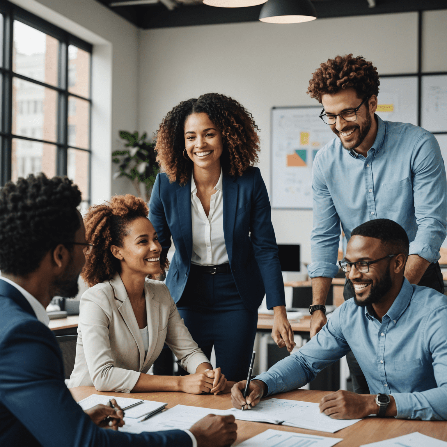 A diverse group of employees working together in an office, looking engaged and motivated. They are collaborating on a project, smiling and having a productive discussion.