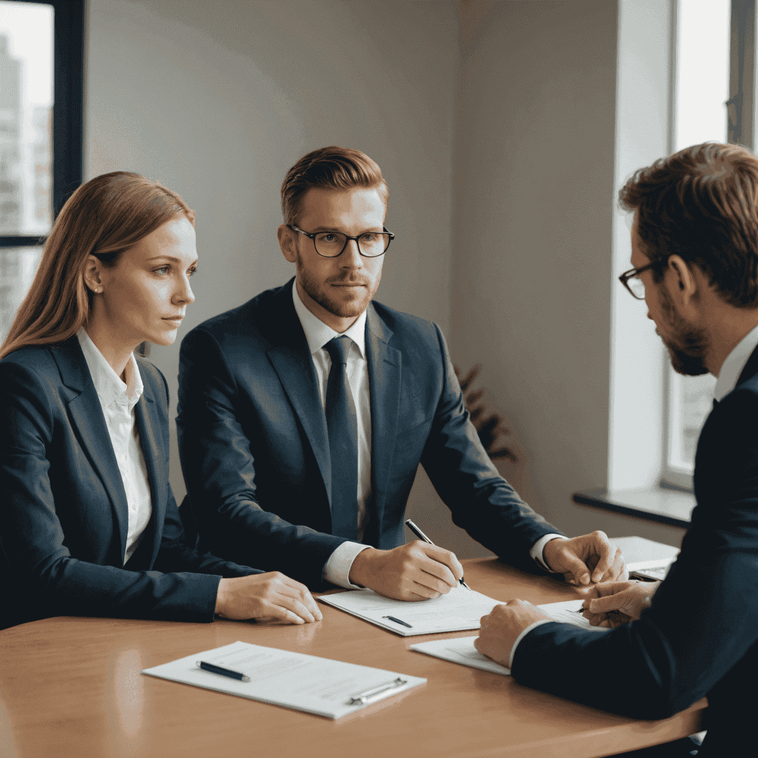 Two business people sitting at a table conducting a job interview with a candidate