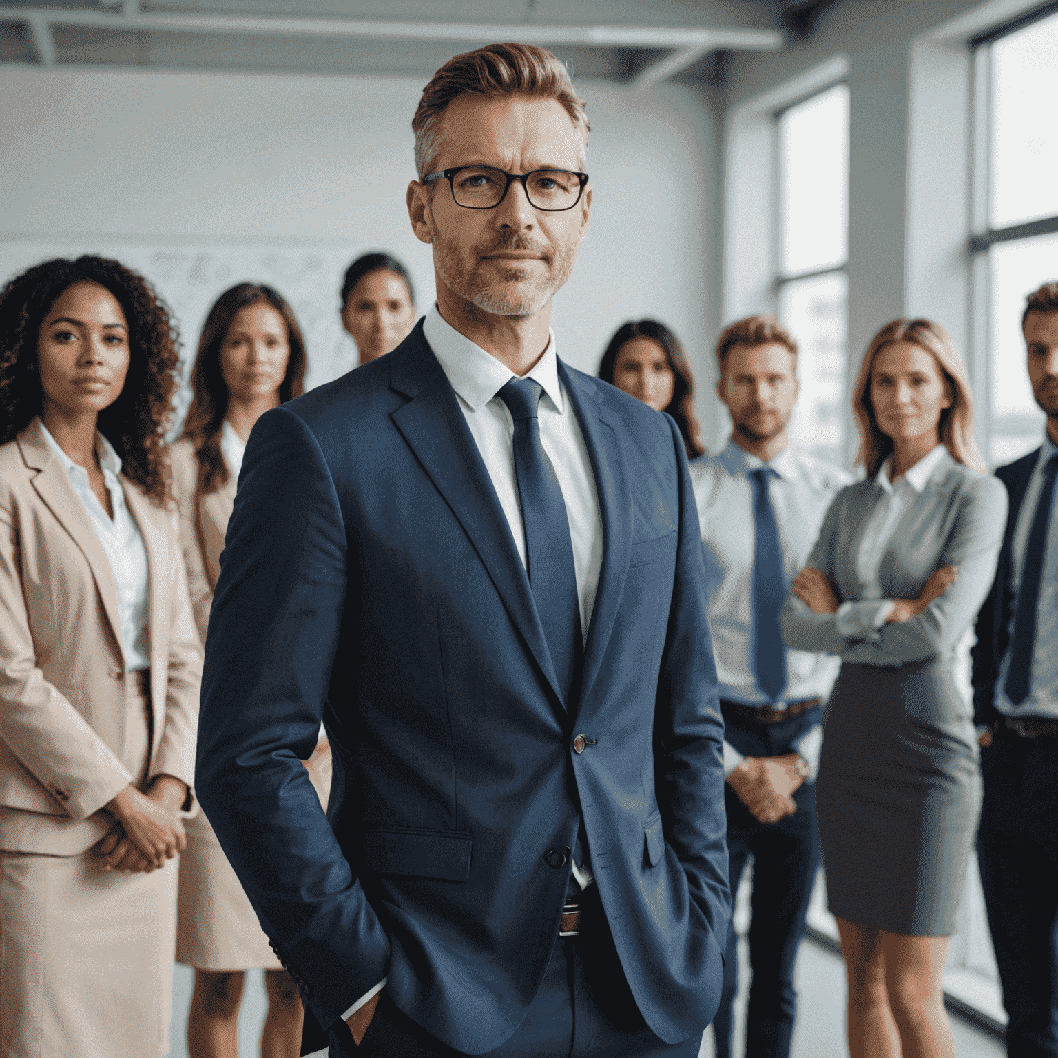 Confident business leader standing in front of their team, giving direction and guidance