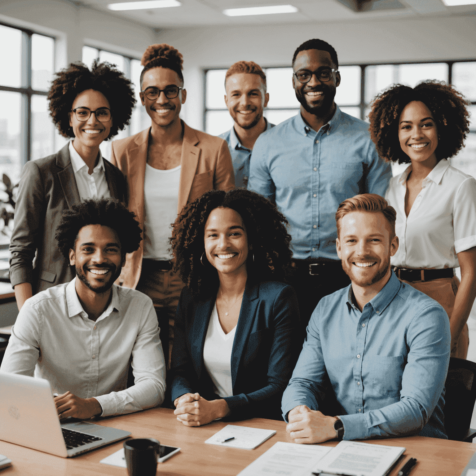 Diverse group of smiling employees gathered together in an office, representing a positive and inclusive workplace culture