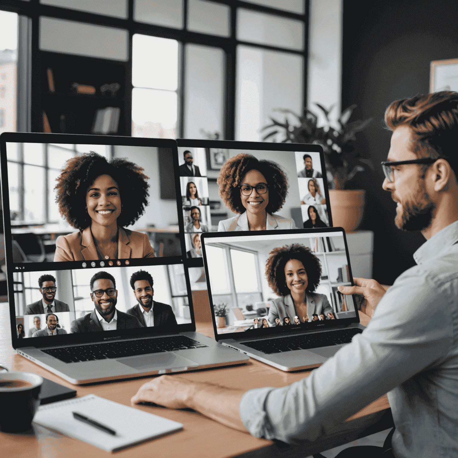 A diverse group of professionals collaborating remotely using video conferencing and digital tools