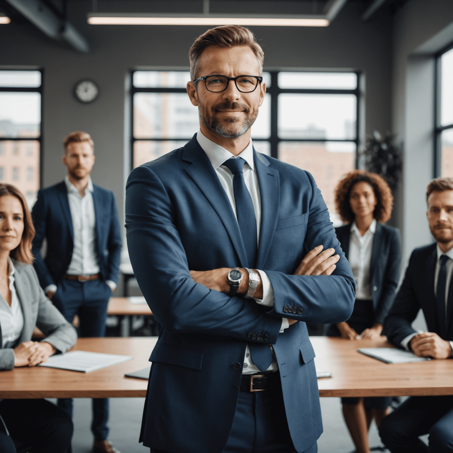 A confident leader standing in front of their team, demonstrating strong leadership skills and inspiring their colleagues.